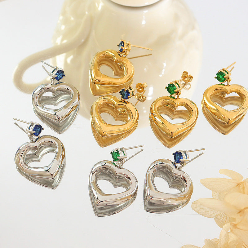 Luxurious Gold-Plated Zircon Heart Earrings with Geometric Design