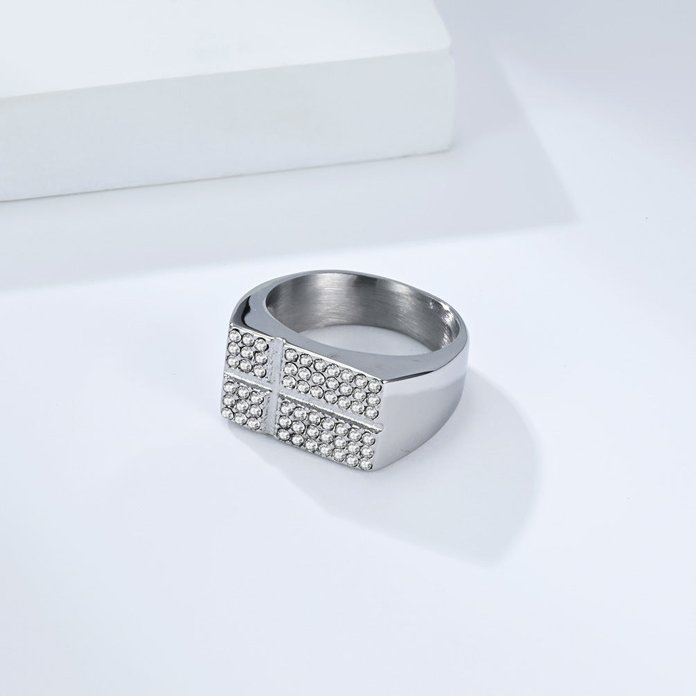 Planderful Zircon Cross Ring For Men Titanium Steel Gold Plated Light Luxury Street Style