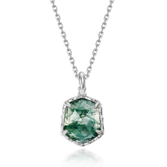 S925 Sterling Silver Moss Agate Geometric Vintage-Inspired Necklace