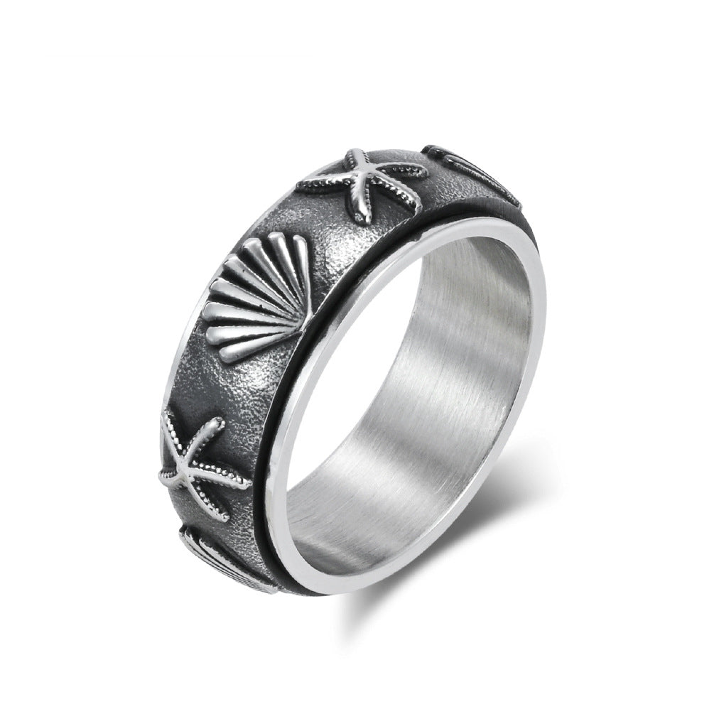 Planderful Rotating Ring Ocean Wind Sea Shell Starfish Titanium Steel Anxiety Relief Unisex