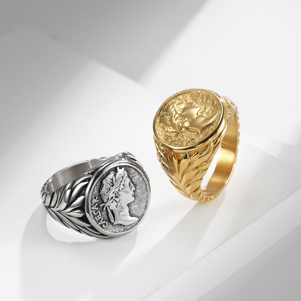 European And American Style Roman Empire Julius Caesar Stainless Steel Ring, Retro Coin Caesar Head Hipster Jewelry For Men