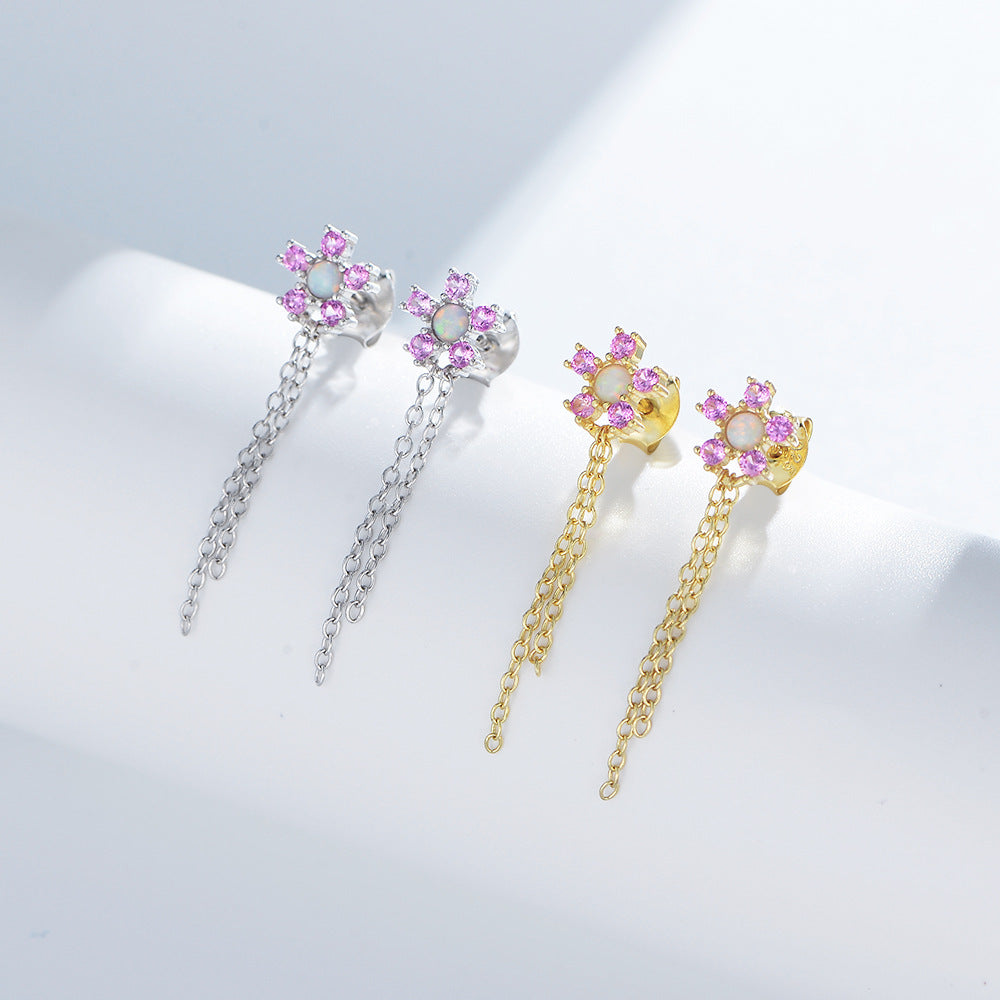 S925 Sterling Silver Zircon Chain Fringed Earrings Flower Stud Earrings