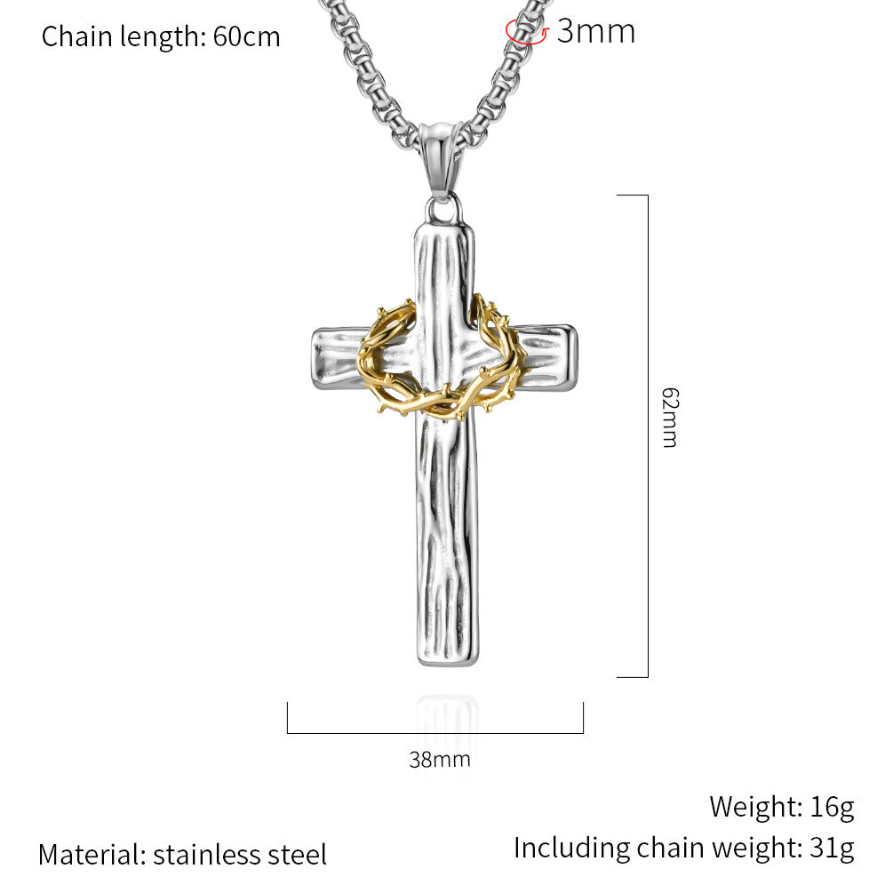Planderful Cross Necklace For Men Titanium Steel Durable Thorn Wreath Pendant American Retro Style High End Gift