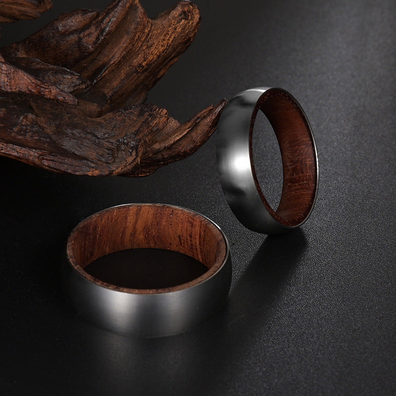 Planderful Rosewood Inlay Titanium Steel Ring For Men Unisex Couple Jewelry Durable