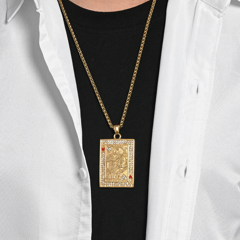 Planderful Hip Hop Pendant Necklace With Zircon Red Heart King K Charm Color Resistant Steel For Unisex Fans