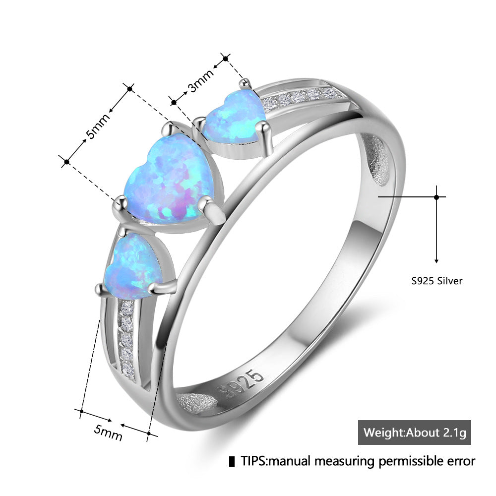 Planderful Jewelry Sterling Silver Opal Ring With Three Hearts Blue Opal Inlay, Elegant Gift