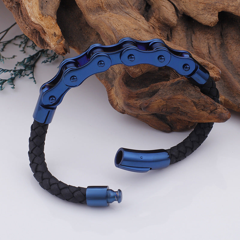 Cool Men's Stainless Steel Bicycle Chain Leather Bracelet – Locomotive Chain Cowhide