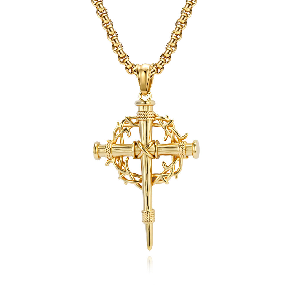 Steel Necklace – Statement Cross Pendant With Thorn Wreath Design For Hipster Street Style