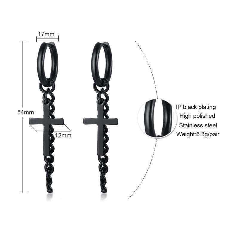 Cross & Chain Hoop Earring — Silver or Black