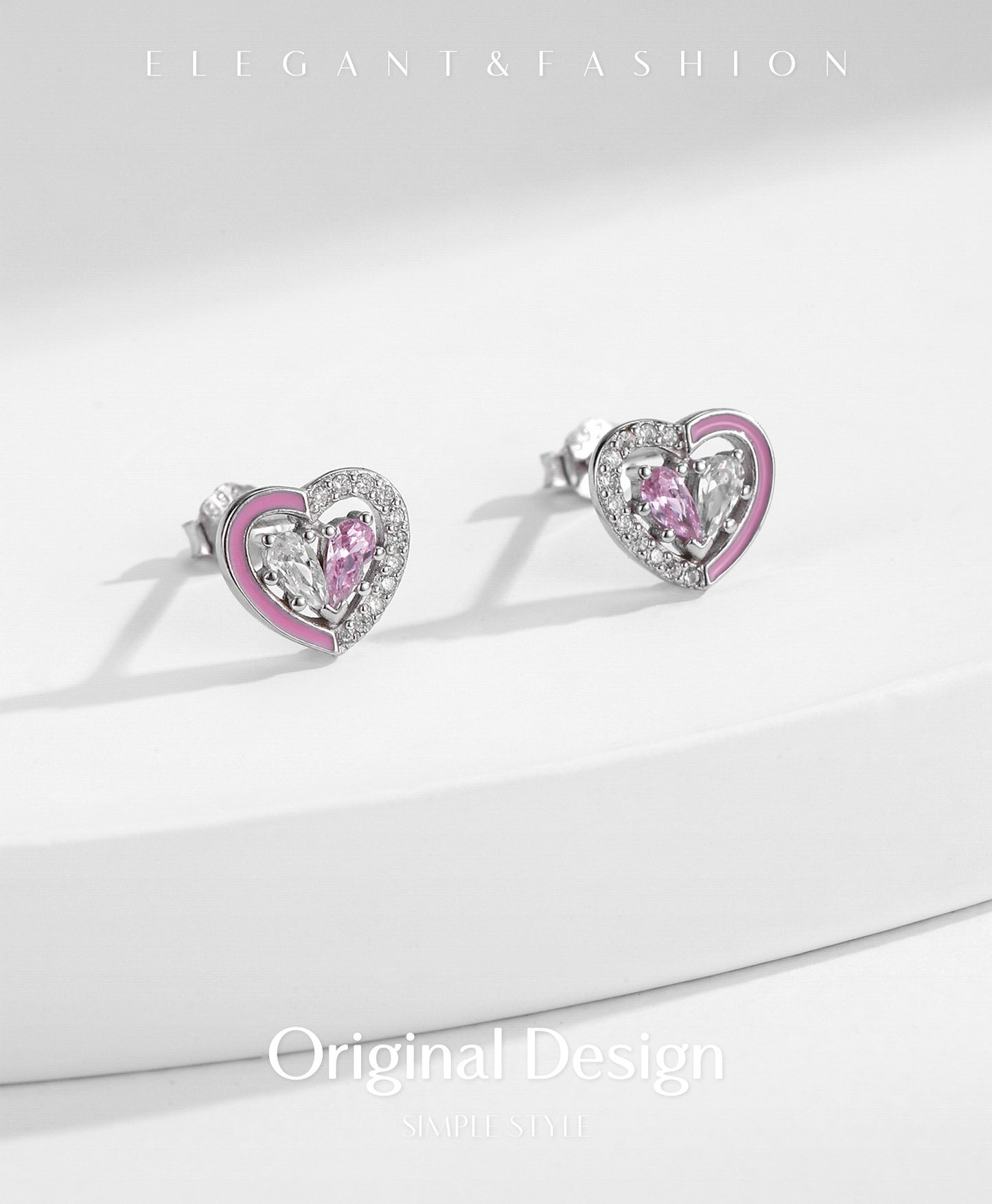 Planderful Everyday Genie Earrings – Elegant Pink Enamel Heart with Zircon Accents