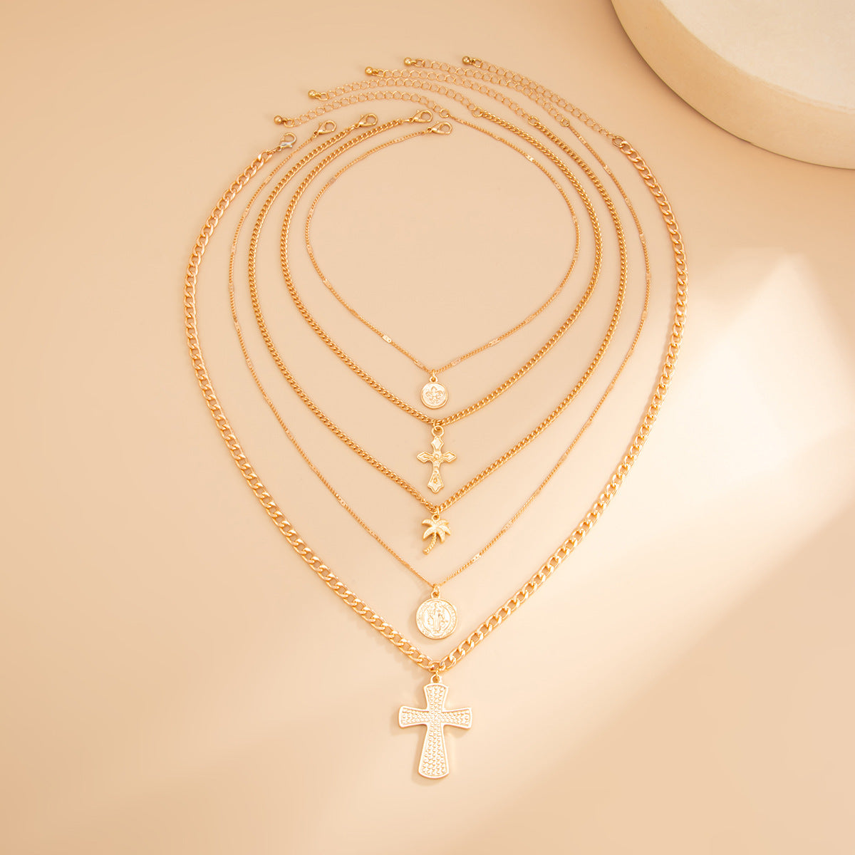Palm Tree & Cross Layered Pendant Necklace