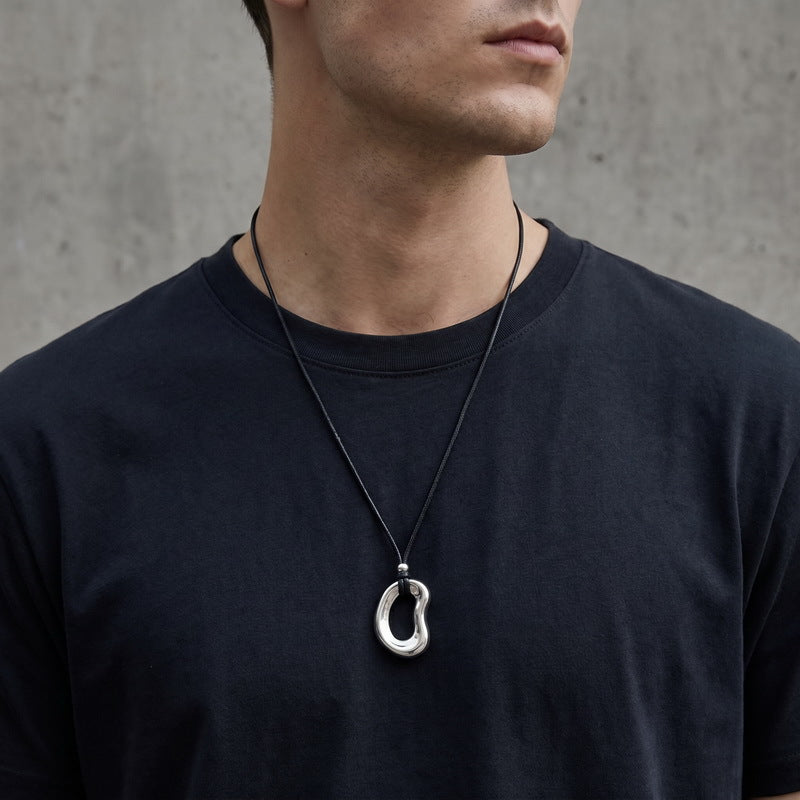 Minimalist Trend Versatile Irregular O-Shaped Pendant Adjustable Black Wax Rope Stainless Steel Men's Necklace
