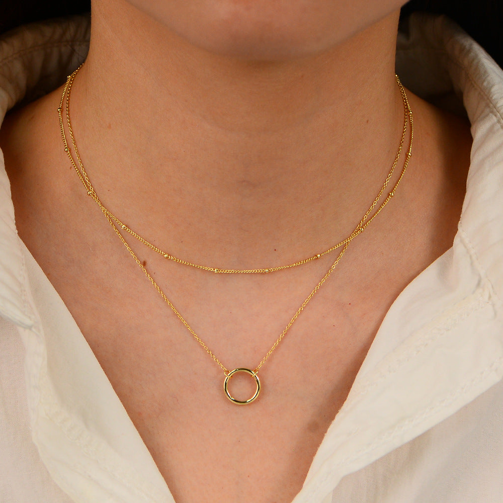 S925 Sterling Silver Ring Double-Layer Necklace Style Geometric Circle Stacked