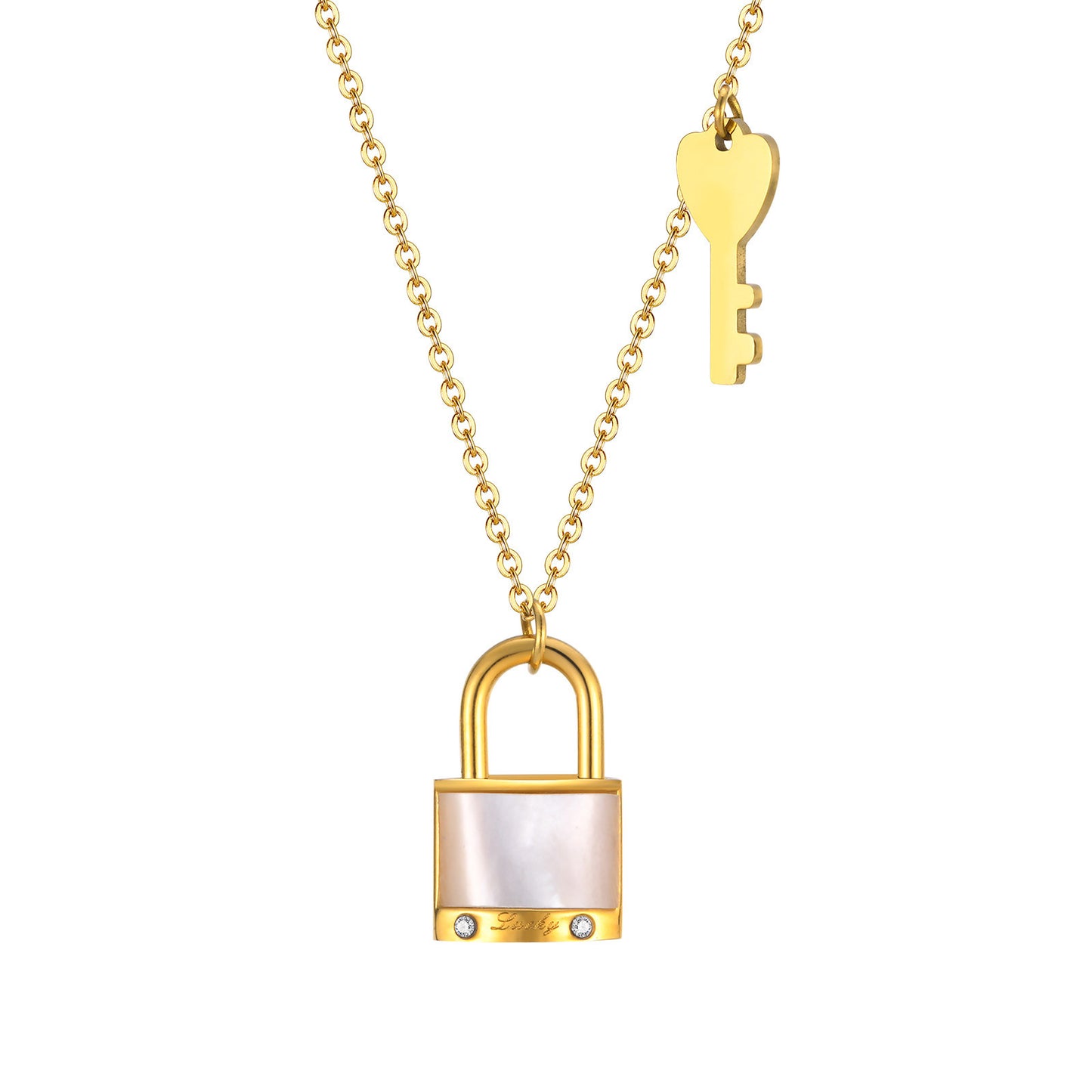 Stainless Steel Flat Cross Chain Shell Lock Key Necklace Gold