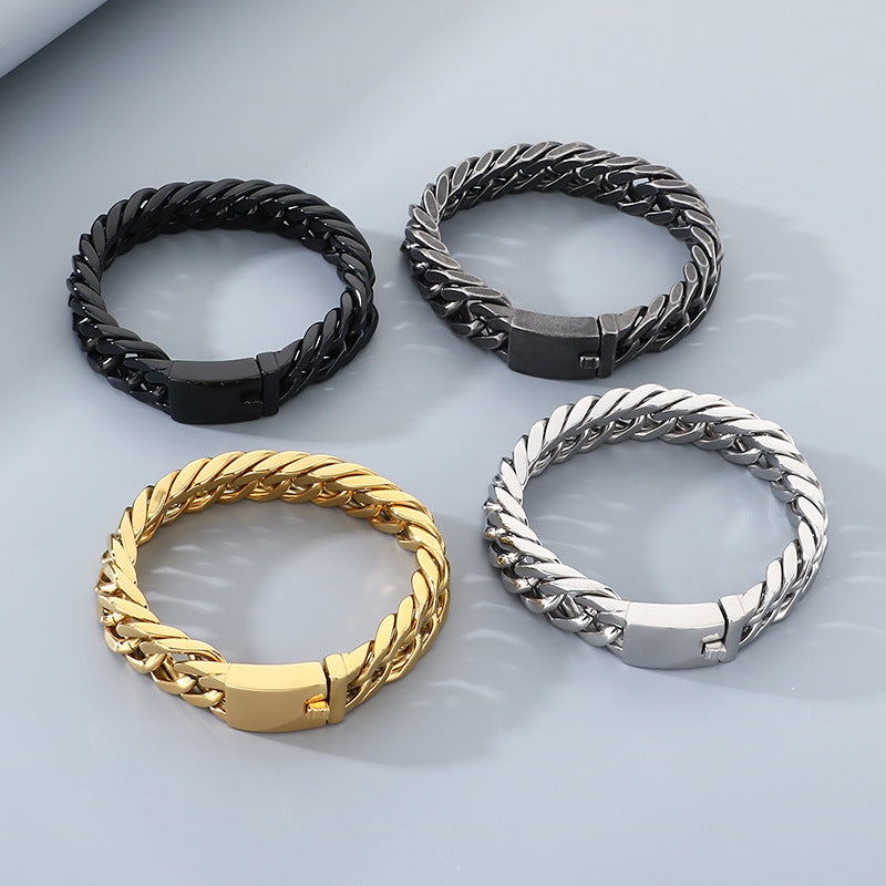 Glossy – 15mm Double Woven Four-Sided Grinding Cuban Chain Titanium Steel Men's Casting Bracelet