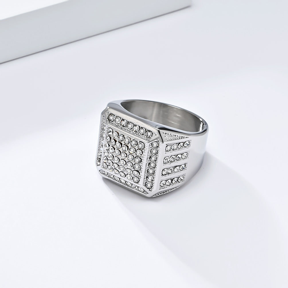 Planderful Everyday Genie Luxe Gold Plated Titanium Steel Ring With Zircon Inlay For Unisex Hip Hop Fashion Size 7 To 13