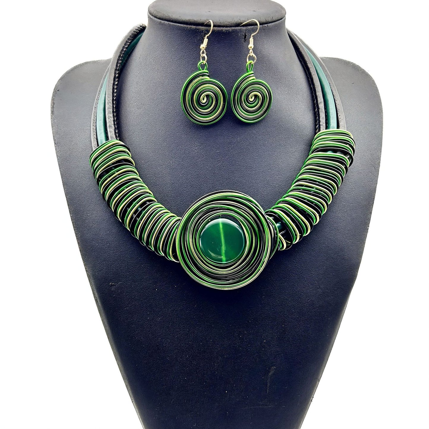 European and American Exaggerated Gemstone Collar Set with Aluminum Wire Earrings and Necklace