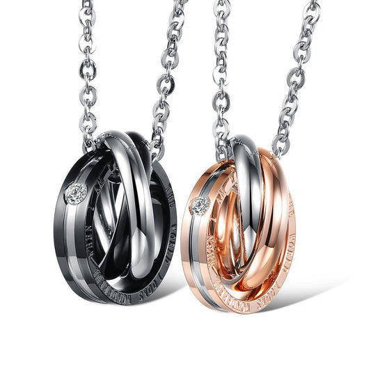 Planderful Everyday Genie Elegant Three Ring Pendant Necklace For Couples Zirconia Titanium Steel Jewelry