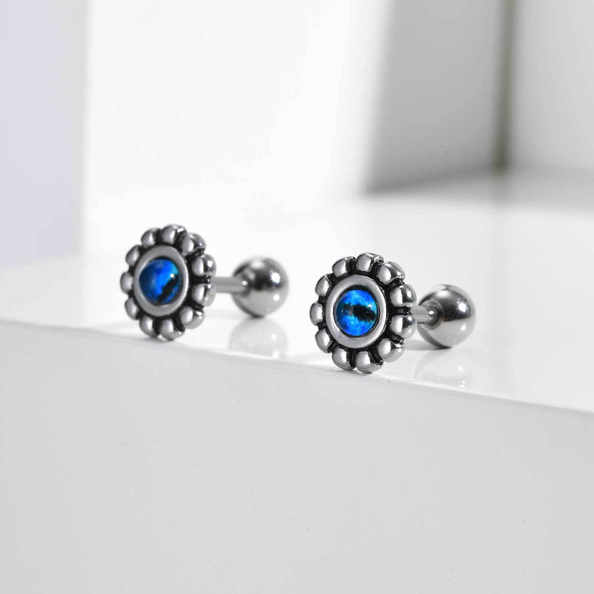 Blue Opal-Effect Flower Stud Earring — Single