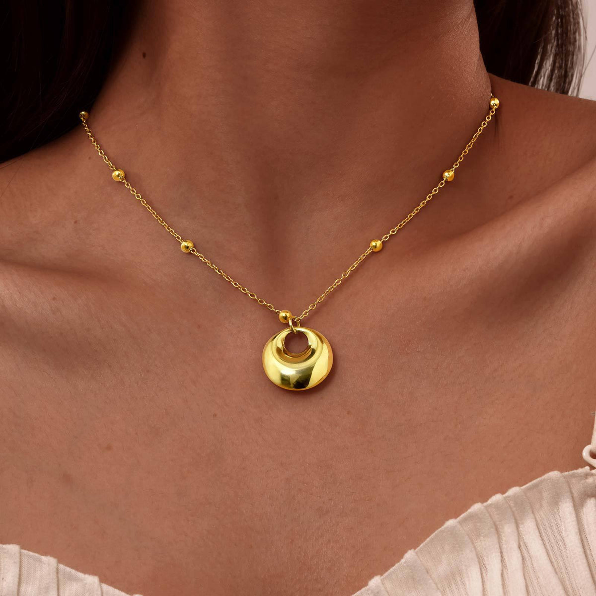 Stainless Steel Bead Chain Geometric Pendant Necklace Gold Collarbone Chain