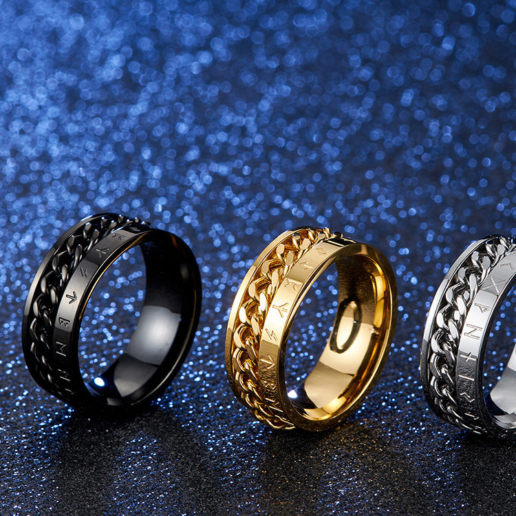 Titanium Steel Ring – Vintage Viking Text Chain Rotatable