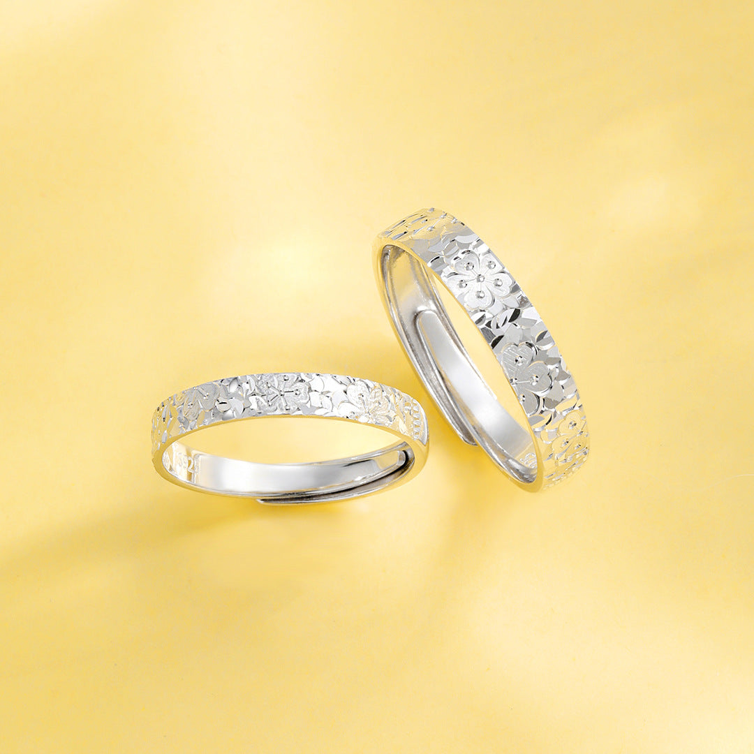 Planderful Everyday Genie – Popular Cherry Blossom Crushed Ice Couple Ring Sterling Silver Light Luxury