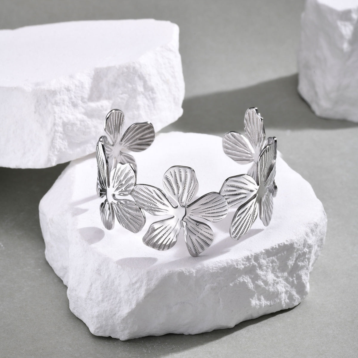 Stainless Steel Irregular Opening Bracelet Lava Feather Flower Wide