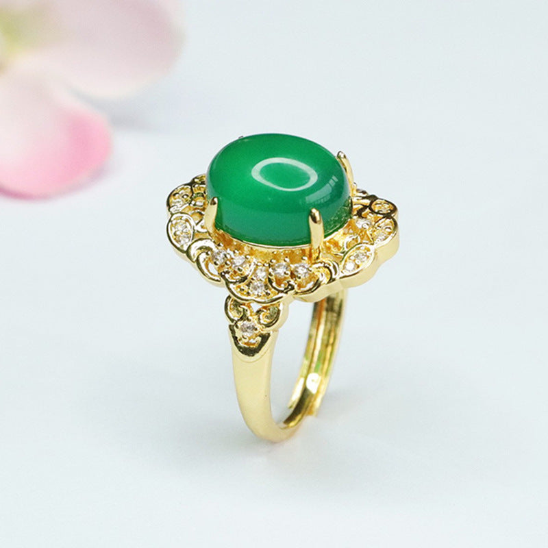 Golden Palace Style Chalcedony Ring with Zircon Flower Lace