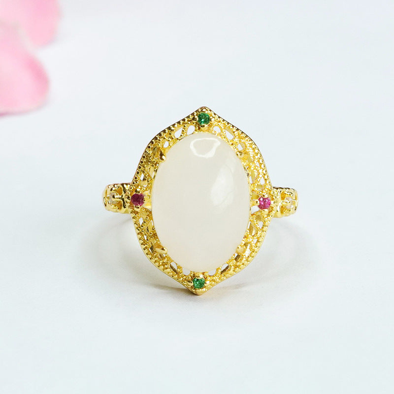 Exquisite Oval White Jade Ring with Zircon Hollow Halo