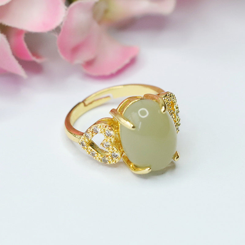Elegant Love Zircon Hollow Hotan Jade Ring with Adjustable Opening