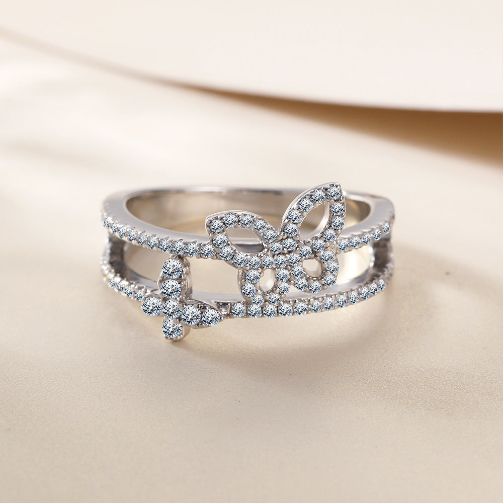Hollow Butterfly Zircon Double Layer Sterling Silver Ring