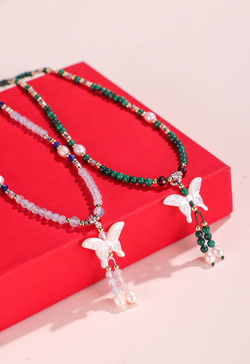 Freshwater Pearl Malachite Butterfly Necklace