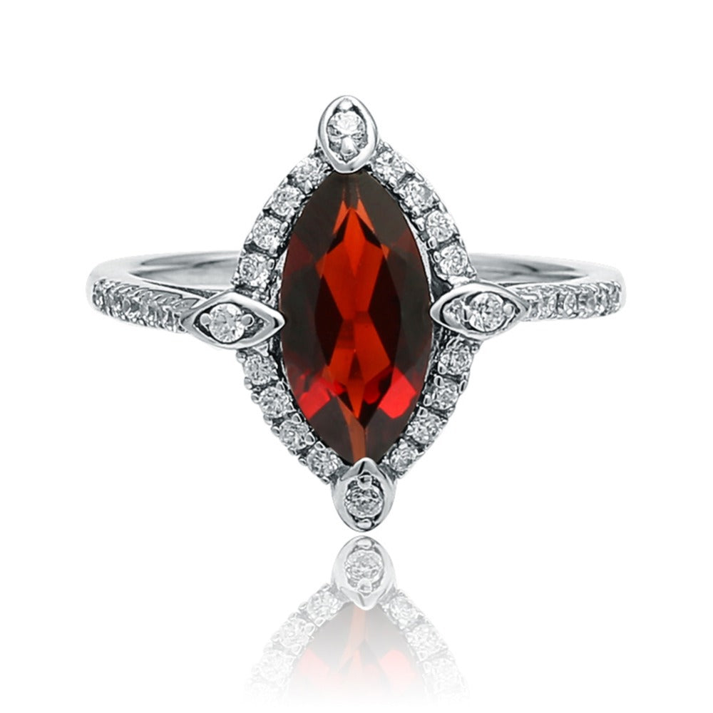 Marquise Shape Natural Garnet Stylish Halo Silver Ring