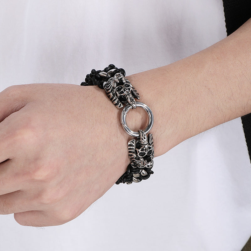 Planderful Mens Woven Leather Skull Bracelet Dragon Head