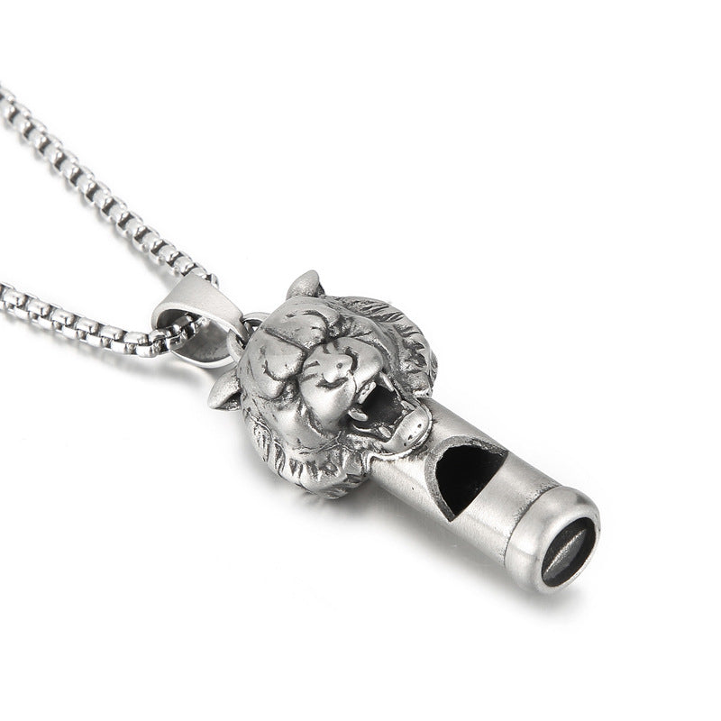 Creative Lion Head Whistle Pendant in Titanium Steel for Men - European and American Trend