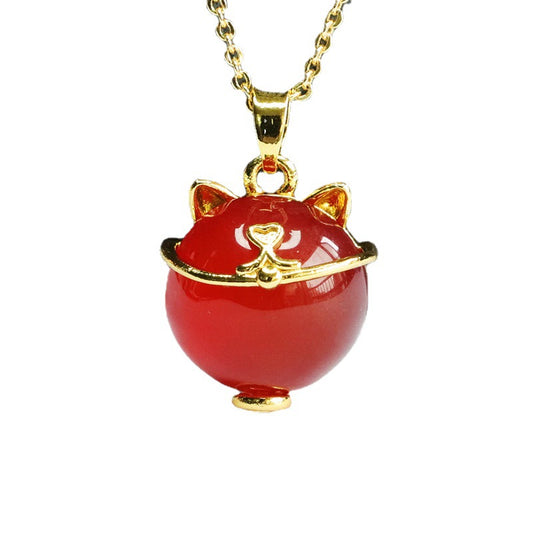 Round Bead Red Agate Wealth Cat Pendant Necklace Jewelry