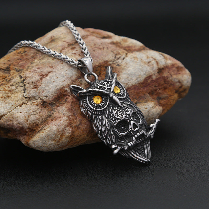 Titanium Steel Owl Skull Necklace Retro Punk Pendant Jewelry