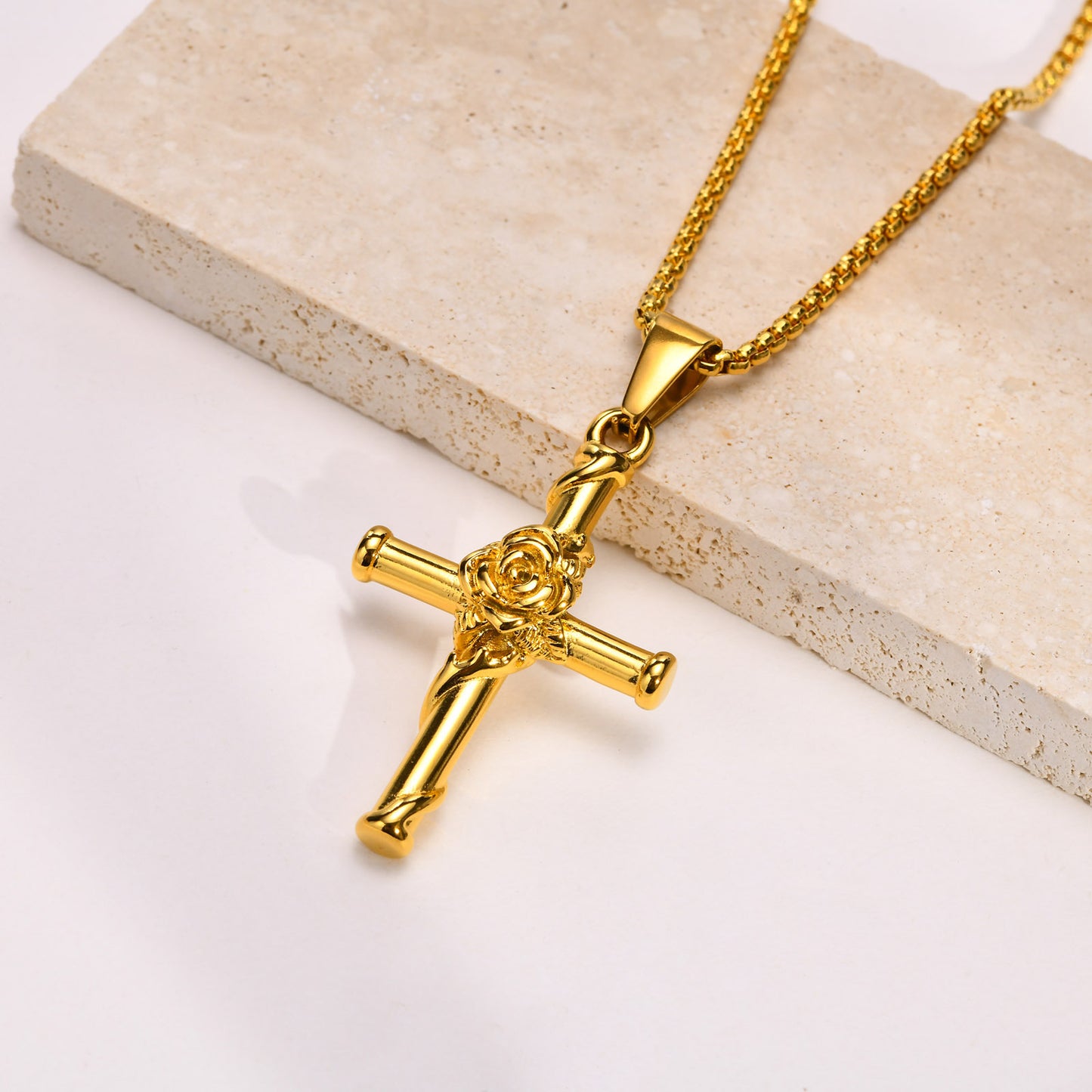 Titanium Steel Necklace Stainless Steel Rose Cross Pendant
