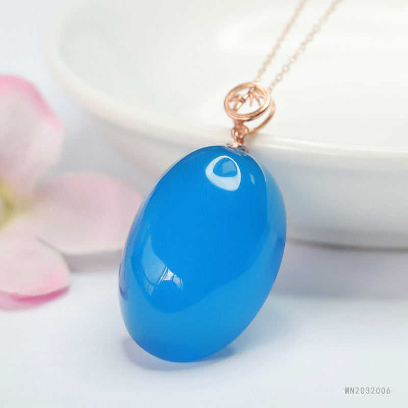 Blue Chalcedony Oval Silver Pendant — No Chain