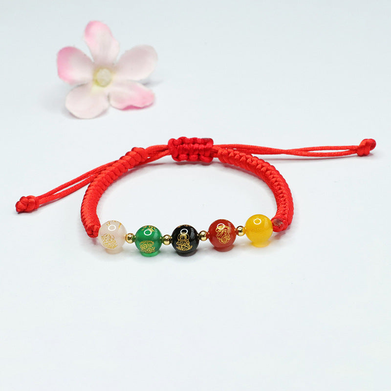 Five Gods of Wealth Sterling Silver Bracelet with Natural Agate and Chalcedony