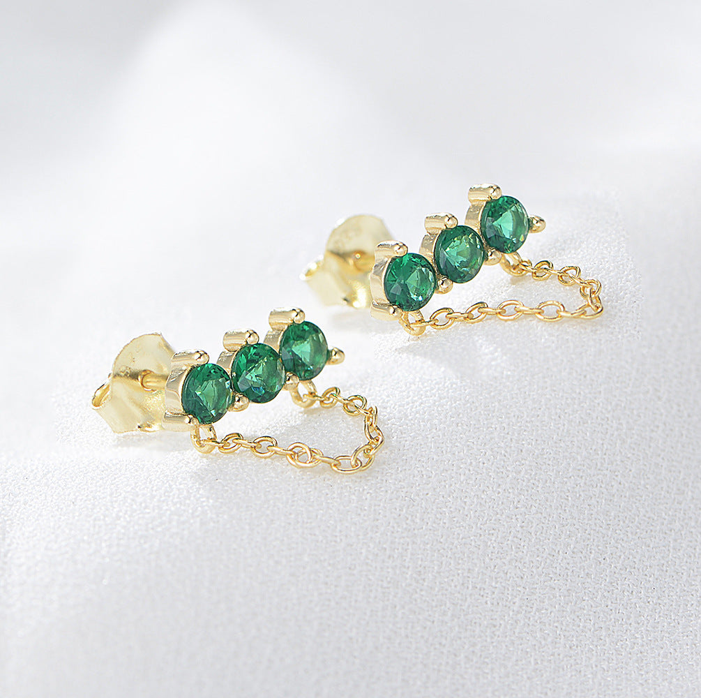 S925 Sterling Silver Grandmother Green Zircon Stud Earrings Chain Fringed Earrings Trendy Earrings