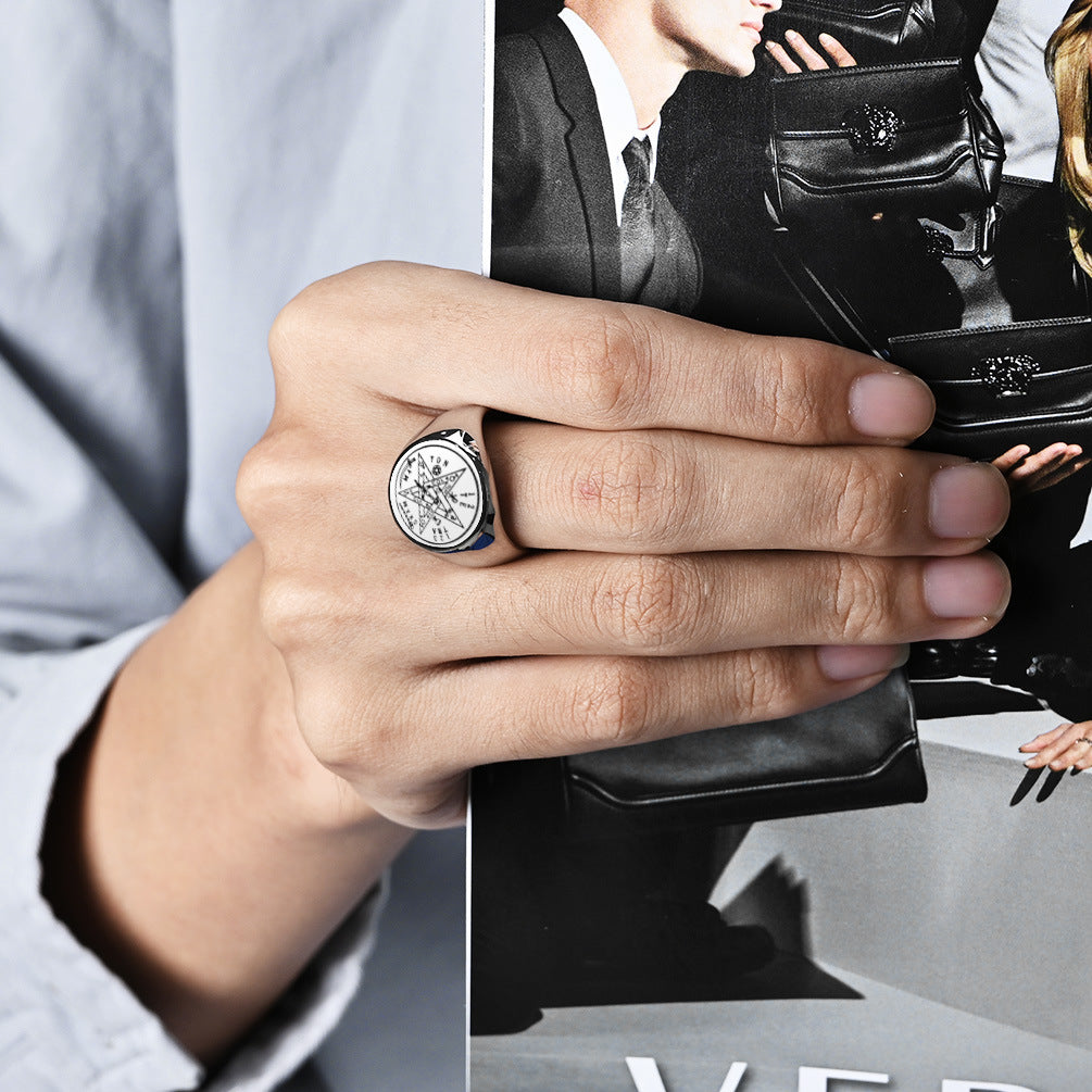 Steel Ring - Statement Geometric Five-Point Star Design For Everyday Mens Jewelry Accessory