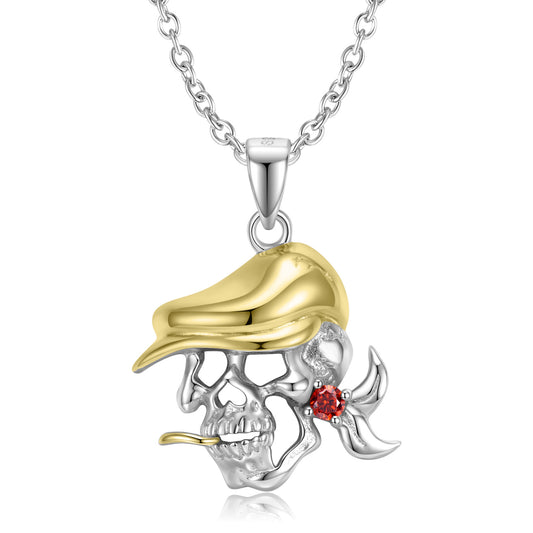 Halloween Wearing Golden Hat Skeleton Pendant Silver Necklace