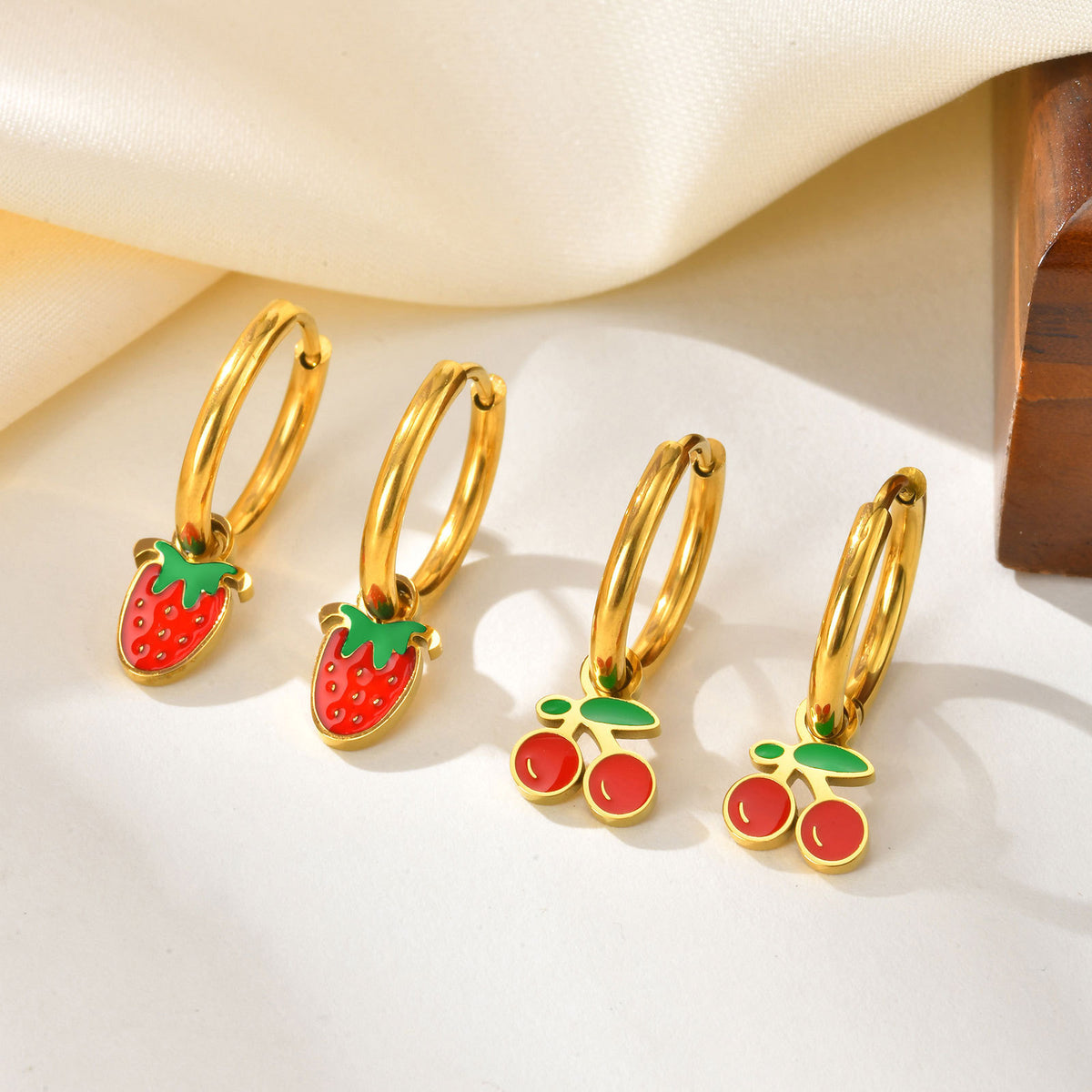 Fruit Charm Huggie Hoop Earrings — Cherry or Strawberry