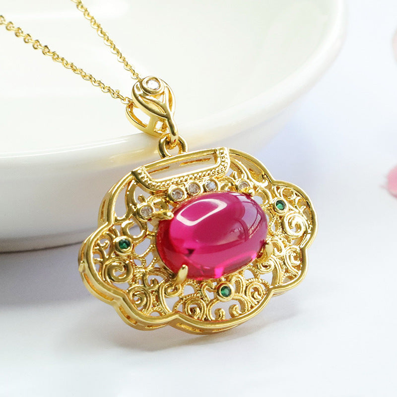 Lab-Grown Ruby Ruyi Lock Pendant — No Chain