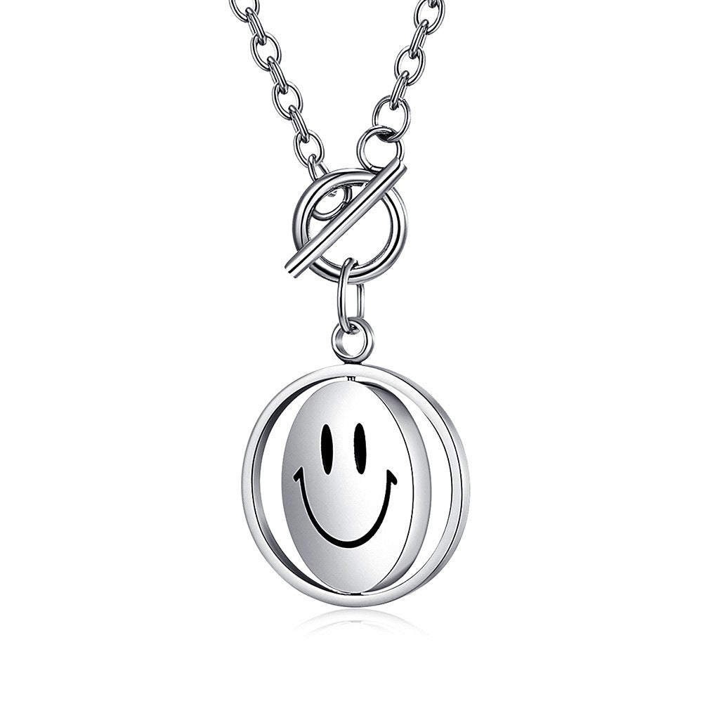 Planderful Rotatable Crying Smiley Face Pendant Necklace Unisex Titanium Steel Collarbone Chain