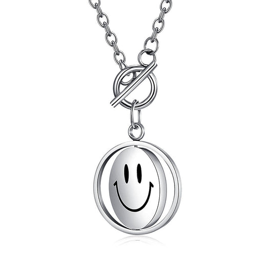 Planderful Rotatable Crying Smiley Face Pendant Necklace Unisex Titanium Steel Collarbone Chain