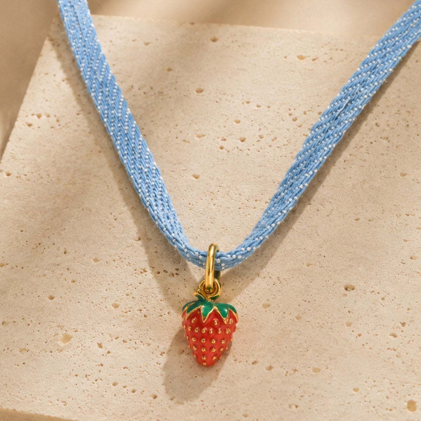 Stainless Steel Denim Rope Strawberry Pendant Sweet Fruit Wind Daily Collar Clavicle Chain Necklace