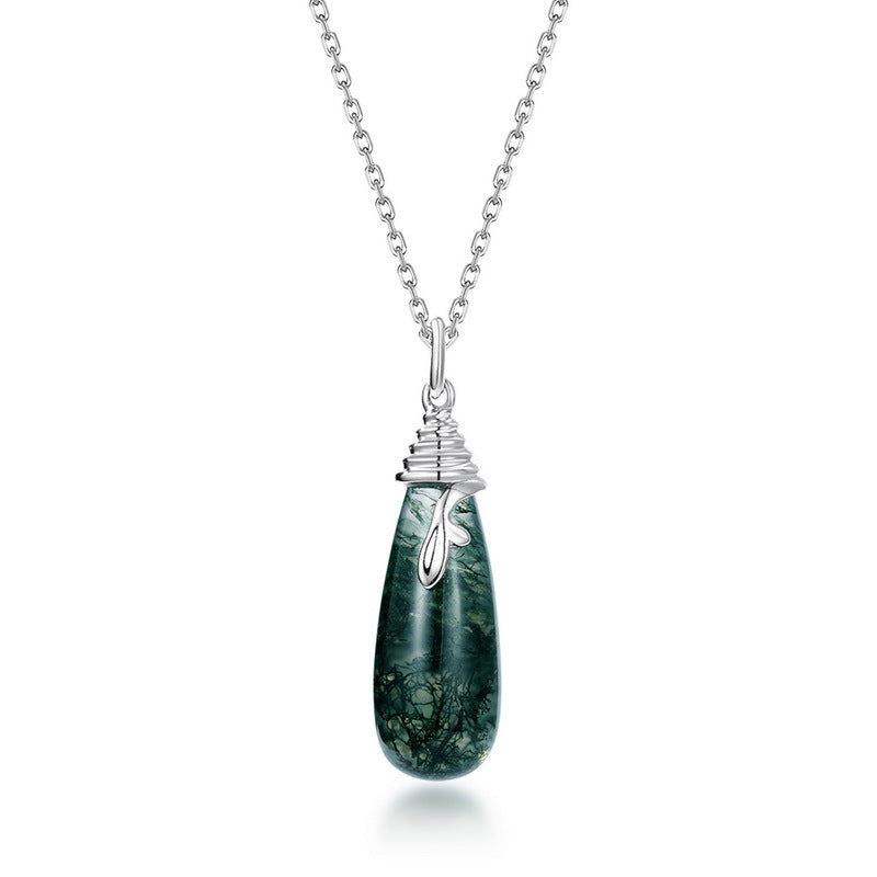 S925 Sterling Silver Moss Agate Pendant Necklace