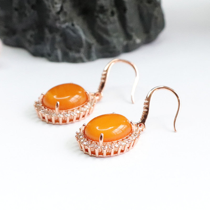 925 Sterling Silver Red Beeswax Amber Drop Earrings